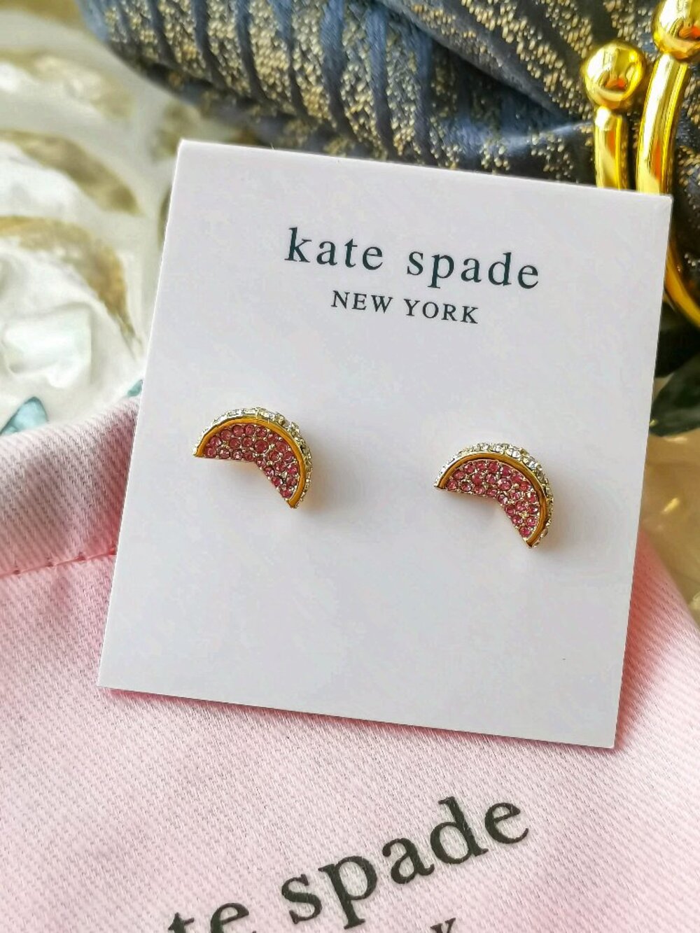 Kate Spade fruit salad pavé grapefruit Gold pink stud earrings NEW